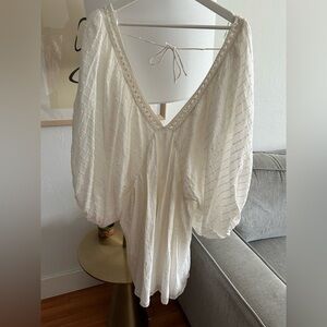 White Boho Cotton Voluminous Ballon Sleeves Dress Coquette Peasent  L